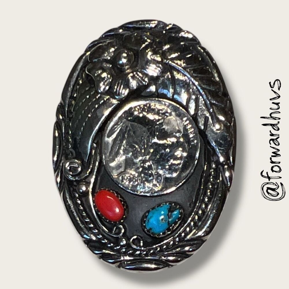 Vintage Bolo Tie Slide – Indian Head Coin – Coral & Turquoise – Signed S.S.I. US